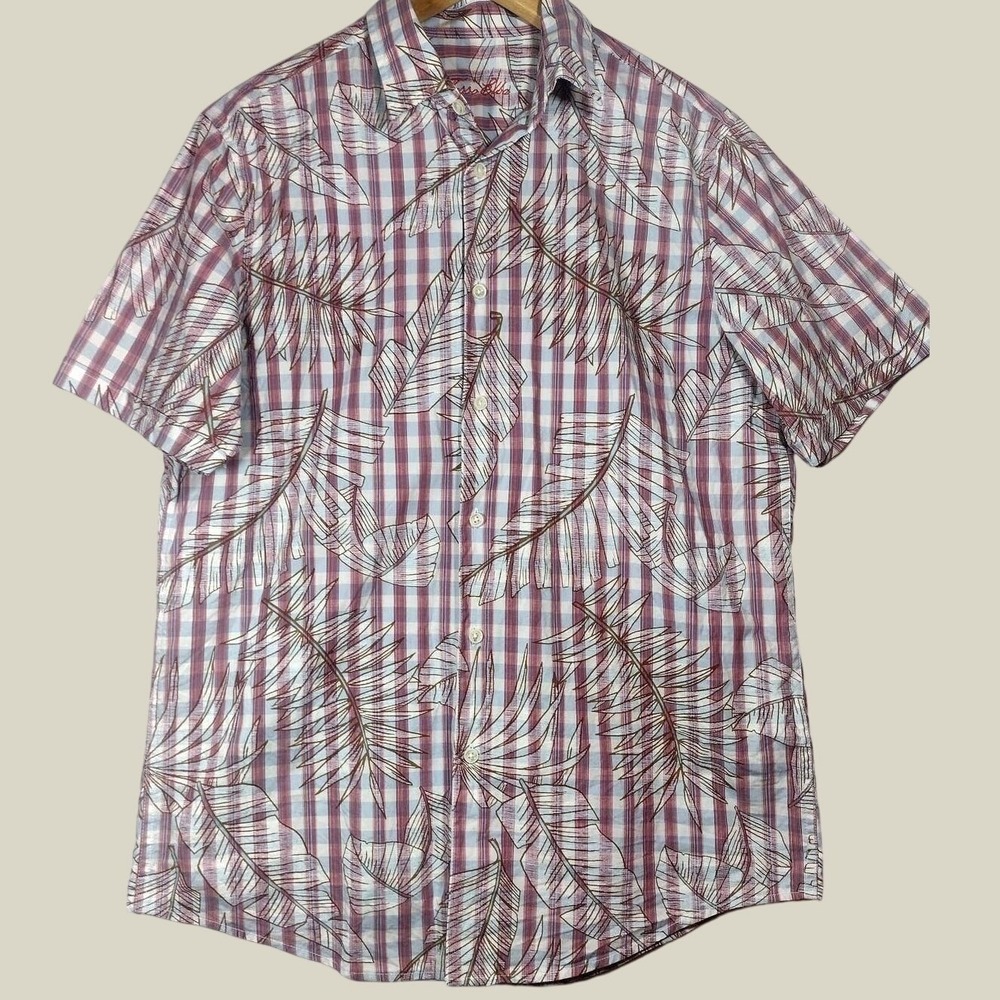 Tasso Elba Mens Red Blue‎ Gingham Tropical Leaf Cotton Button Down Shirt Size M